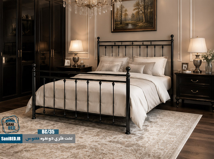 چیدمان تخت خواب ققنوس در اتاق خواب طرح گرم و کلاسیک تخت دو نفره فلزی مدل ققنوس